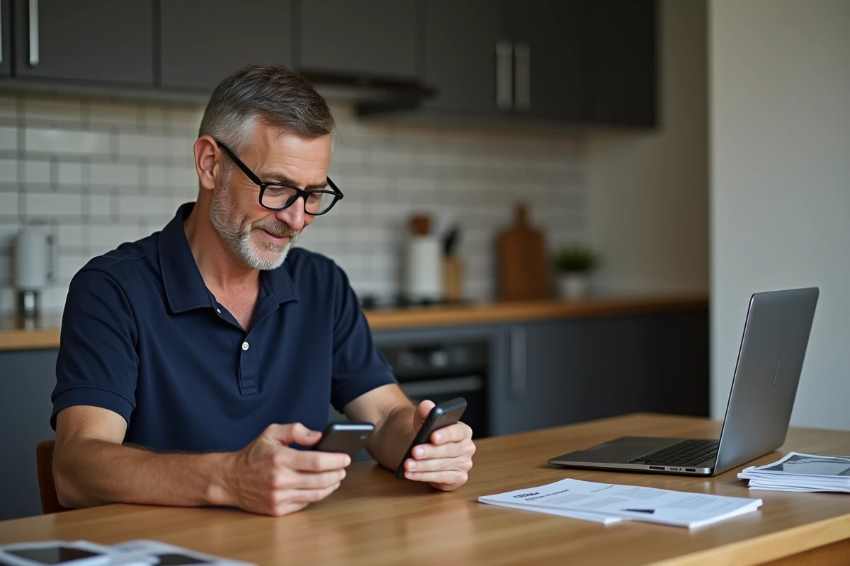 Homme comparant deux gadgets connectes dans la cuisine