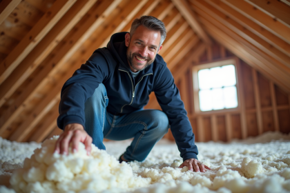 Homme dans un grenier avec isolation en cellulose