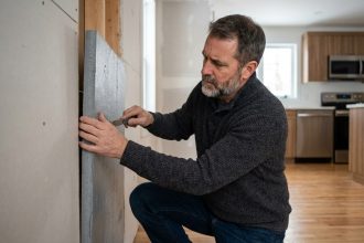 Homme appliquant des panneaux isolants dans un salon moderne