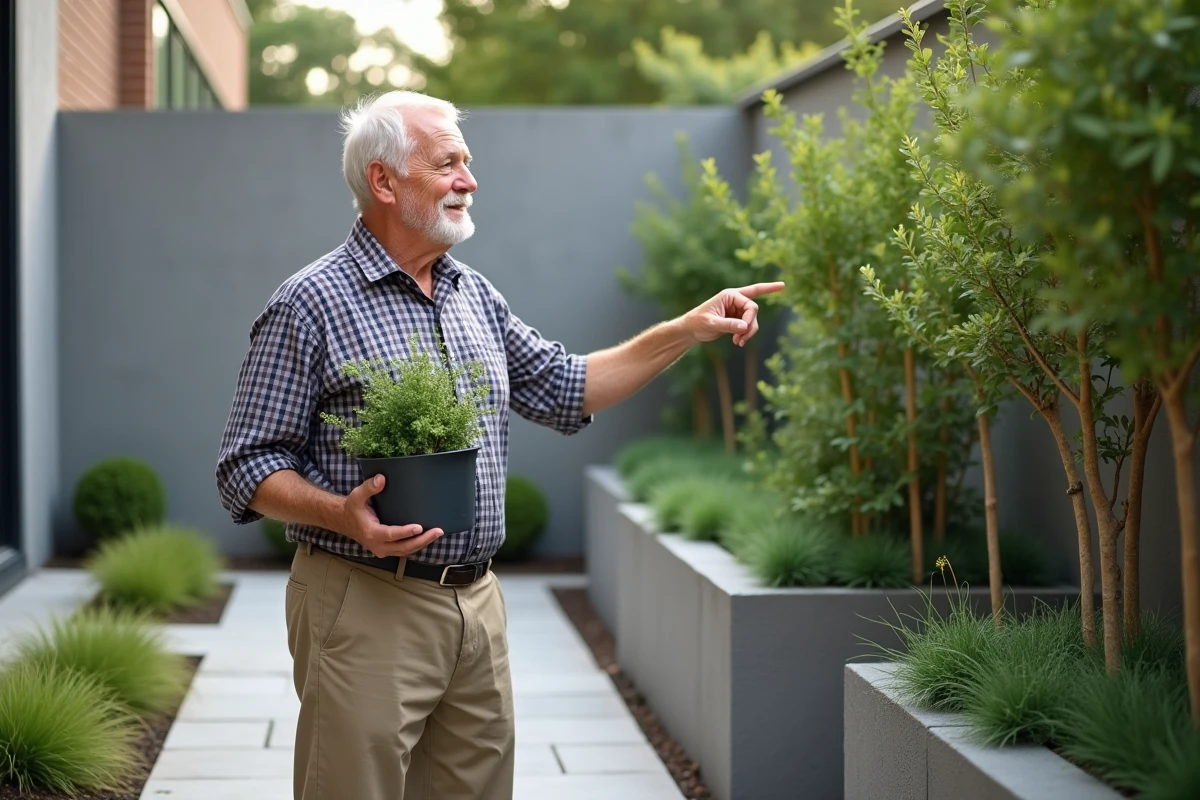 Homme senior avec arbuste en pot dans un jardin contemporain