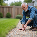 Homme d'âge moyen examine des pavés de gravier dans son jardin