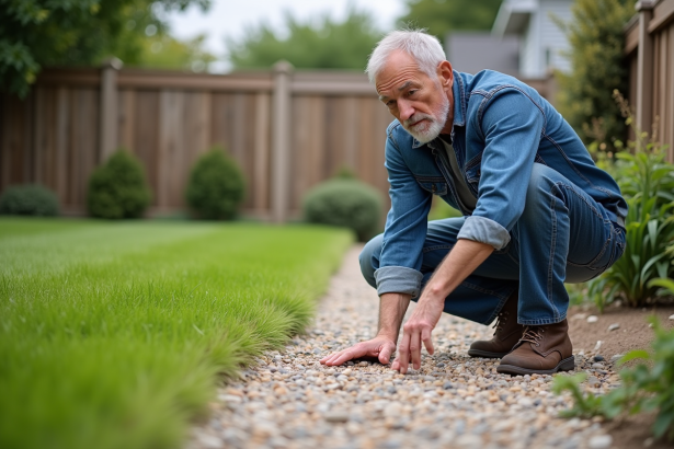 Homme d'âge moyen examine des pavés de gravier dans son jardin