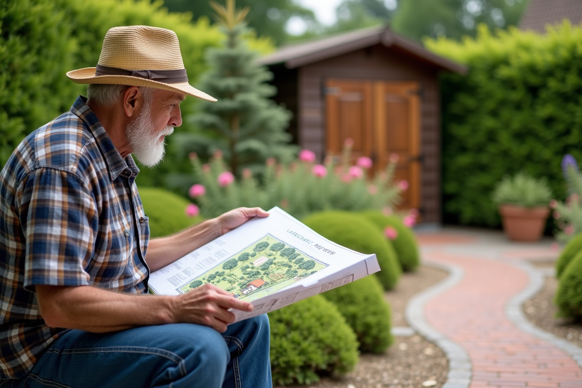 Homme âgé examinant un plan de jardin dans un espace extérieur