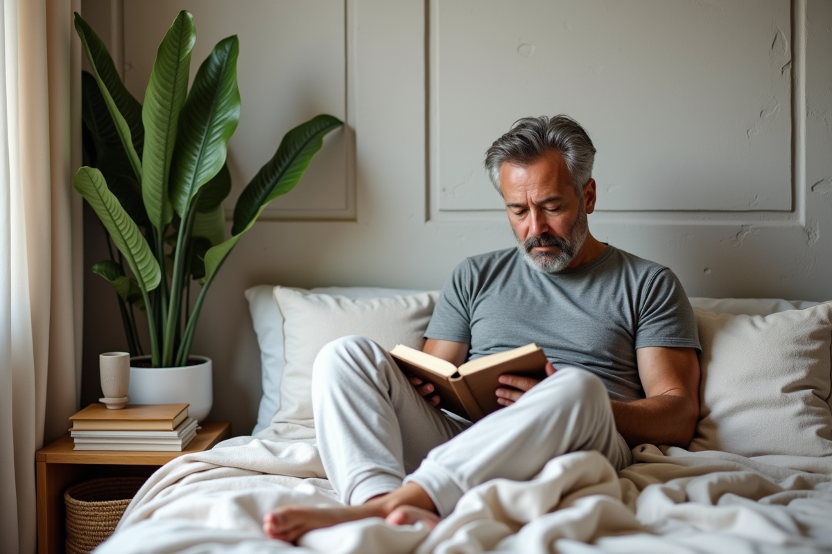 Homme lisant avec une plante verte dans un coin de chambre