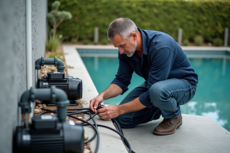 Homme mesurant un câble électrique près de la piscine