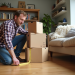 Homme mesurant des cartons dans un salon cosy