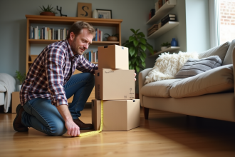 Homme mesurant des cartons dans un salon cosy