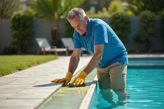 Homme en polo bleu nettoyant une piscine avec des algues jaunes