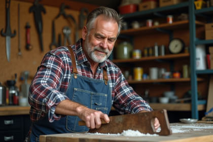Homme d'âge moyen nettoyant une vieille scie rouillée