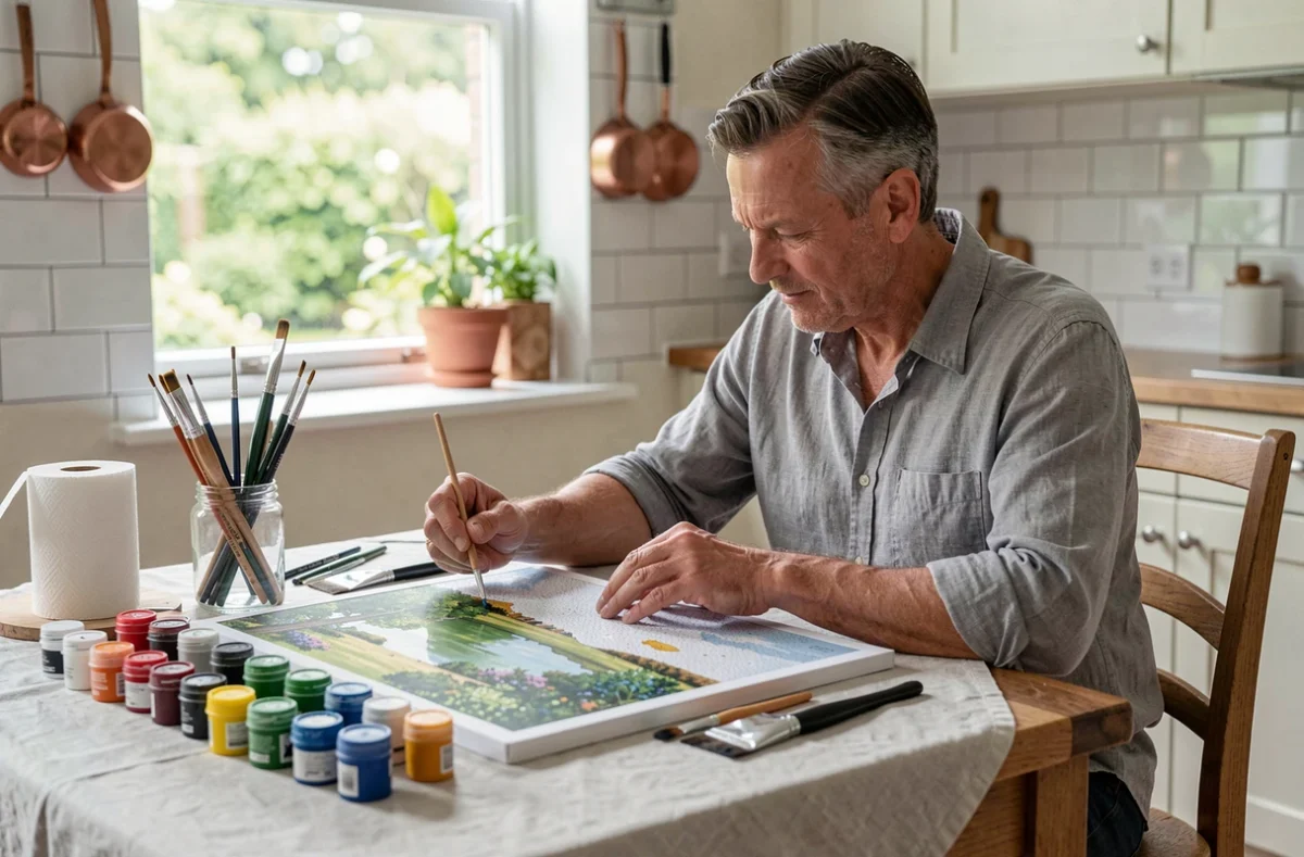 Homme adulte concentré sur un paint by number à sa table, activité créative de relaxation et bien-être mental