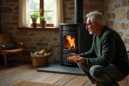 Homme examinant des pellets de bois devant un poêle à granulés dans un salon rustique