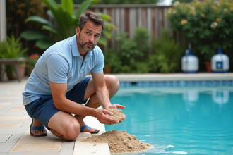 Homme regardant le sable mouillé près de la piscine