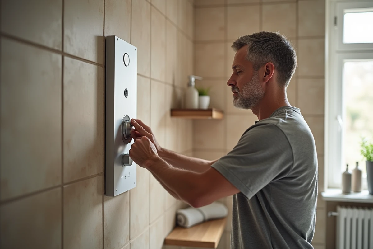 Homme réglant le thermostat d'une douche écoénergétique dans une salle de bain familiale française, en lien avec la réduction de la consommation d'eau