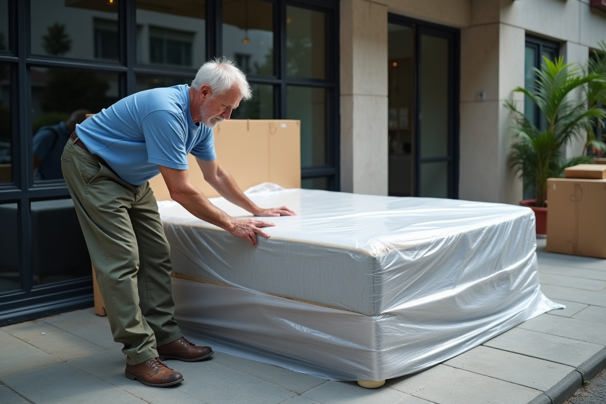 Homme fixant une housse plastique sur un sommier en extérieur