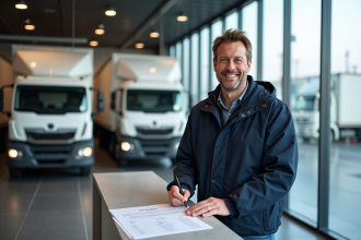 Homme souriant signant un contrat de location dans un bureau moderne