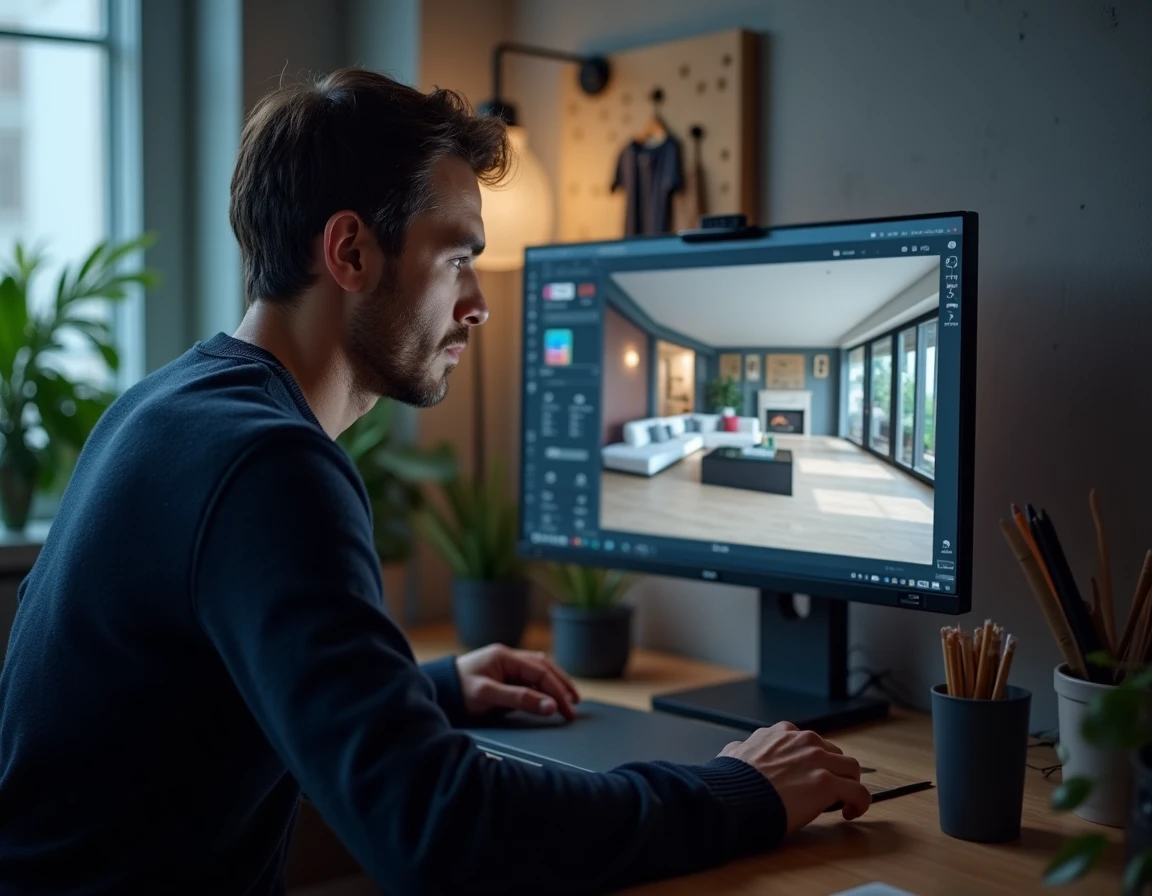Homme utilisant un simulateur de décoration 3D sur ordinateur de bureau dans un studio de design contemporain