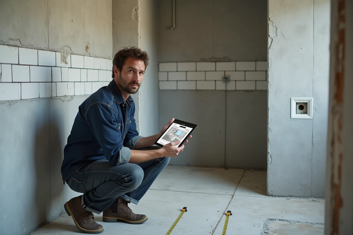 Homme consultant un plan 3D de salle de bain sur tablette dans une pièce en cours de rénovation