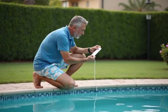 Homme d'âge moyen contrôlant la qualité de l'eau de la piscine