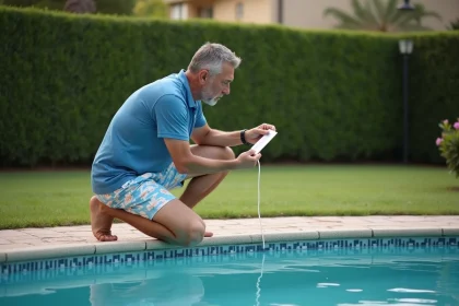 Homme d'âge moyen contrôlant la qualité de l'eau de la piscine