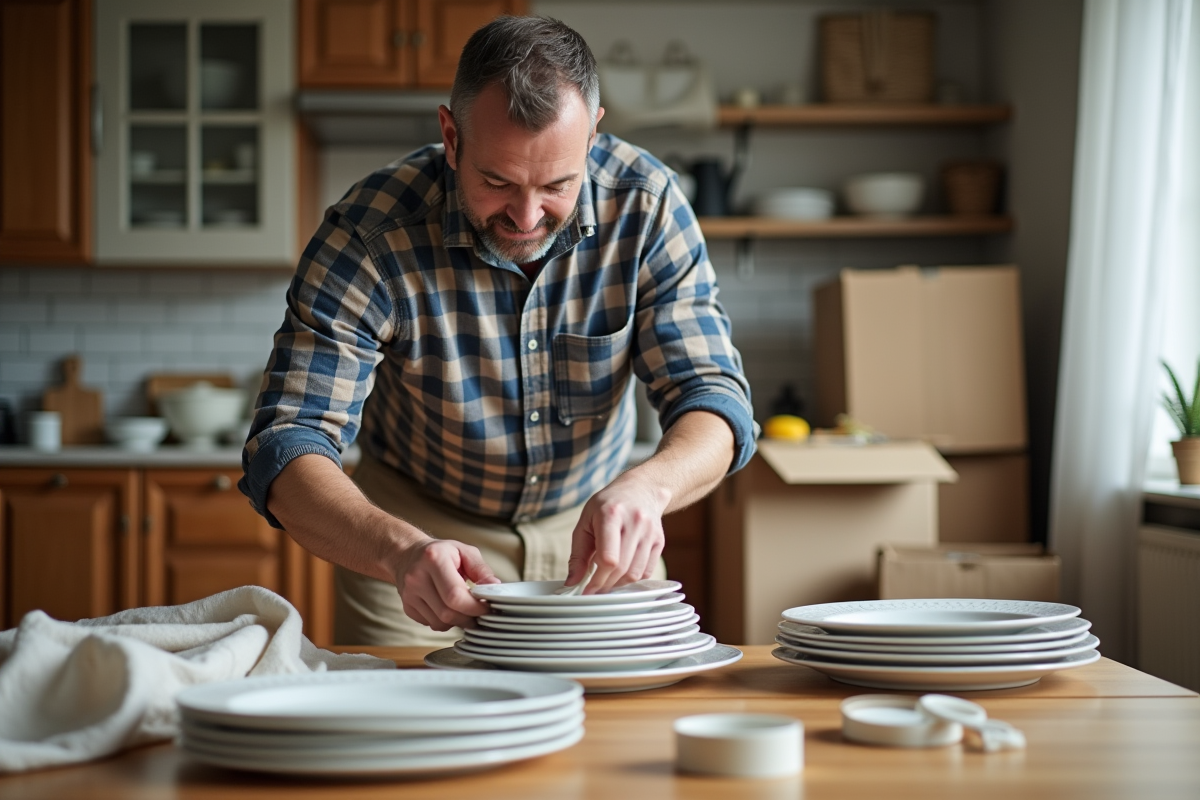 Homme emballant des assiettes dans la cuisine