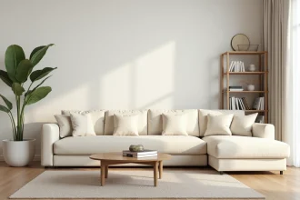 Housse pour canapé méridienne haut de gamme en tissu stretch ivoire dans un salon scandinave moderne