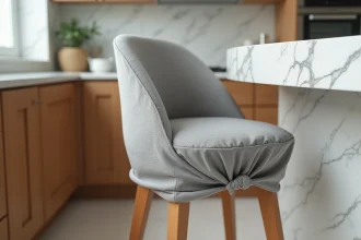 Housse de tabouret de bar mal ajustée avec tissu froissé et excès de matière, dans une cuisine moderne aux comptoirs en marbre blanc