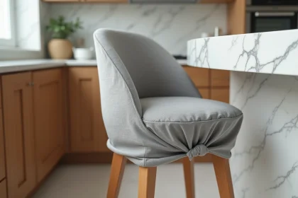 Housse de tabouret de bar mal ajustée avec tissu froissé et excès de matière, dans une cuisine moderne aux comptoirs en marbre blanc