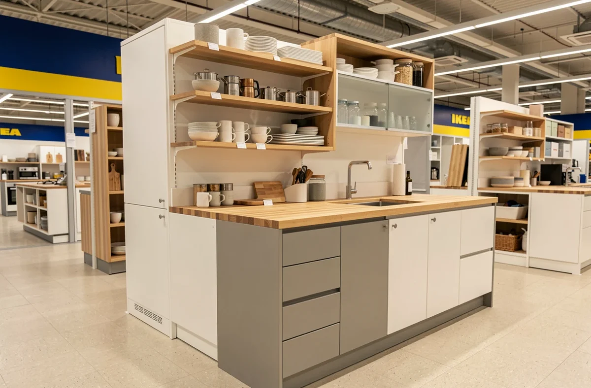 Exposition de cuisine modulaire IKEA Amiens avec façades blanches et plan de travail en bois