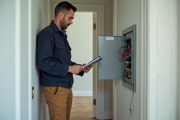 Inspecteur électrique examinant un panneau électrique dans un appartement