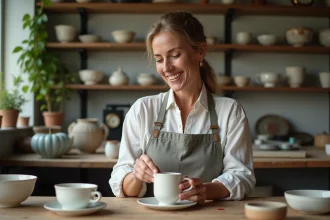 Femme inspectant une tasse en porcelaine vintage dans un atelier lumineux