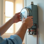 Main d’électricien installant un compteur moderne sur un mur blanc