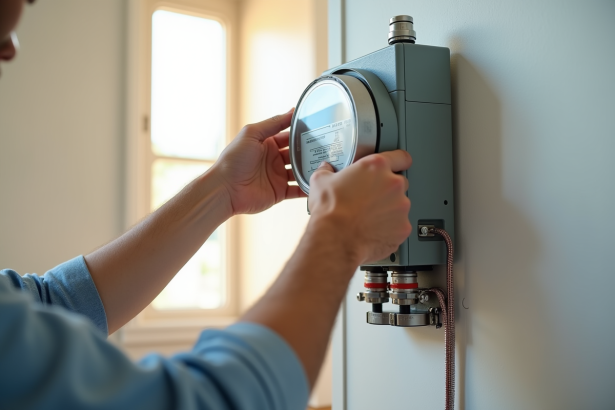 Main d’électricien installant un compteur moderne sur un mur blanc