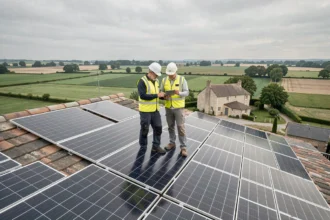 Installateurs de panneaux solaires sur un toit en Pays de la Loire avec vue sur la campagne