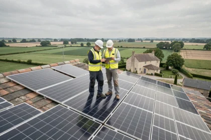 Installateurs de panneaux solaires sur un toit en Pays de la Loire avec vue sur la campagne