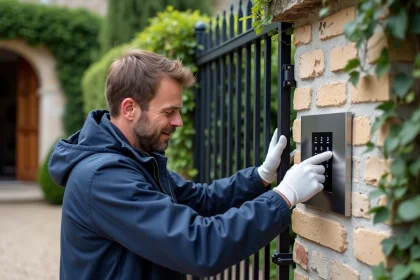 Technicien installant un digicode moderne sur un portail en fer forgé rénové devant une maison de banlieue