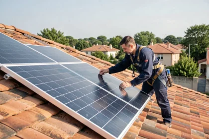 Technicien installant un panneau solaire de 400 watts sur un toit de maison en France