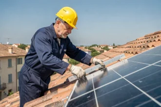 Technicien installant un panneau solaire photovoltaïque sur un toit en tuiles lors d'une installation résidentielle