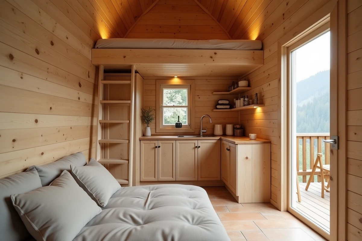 Intérieur aménagé d'un chalet en bois de 20m2 avec espace de vie optimisé et mezzanine