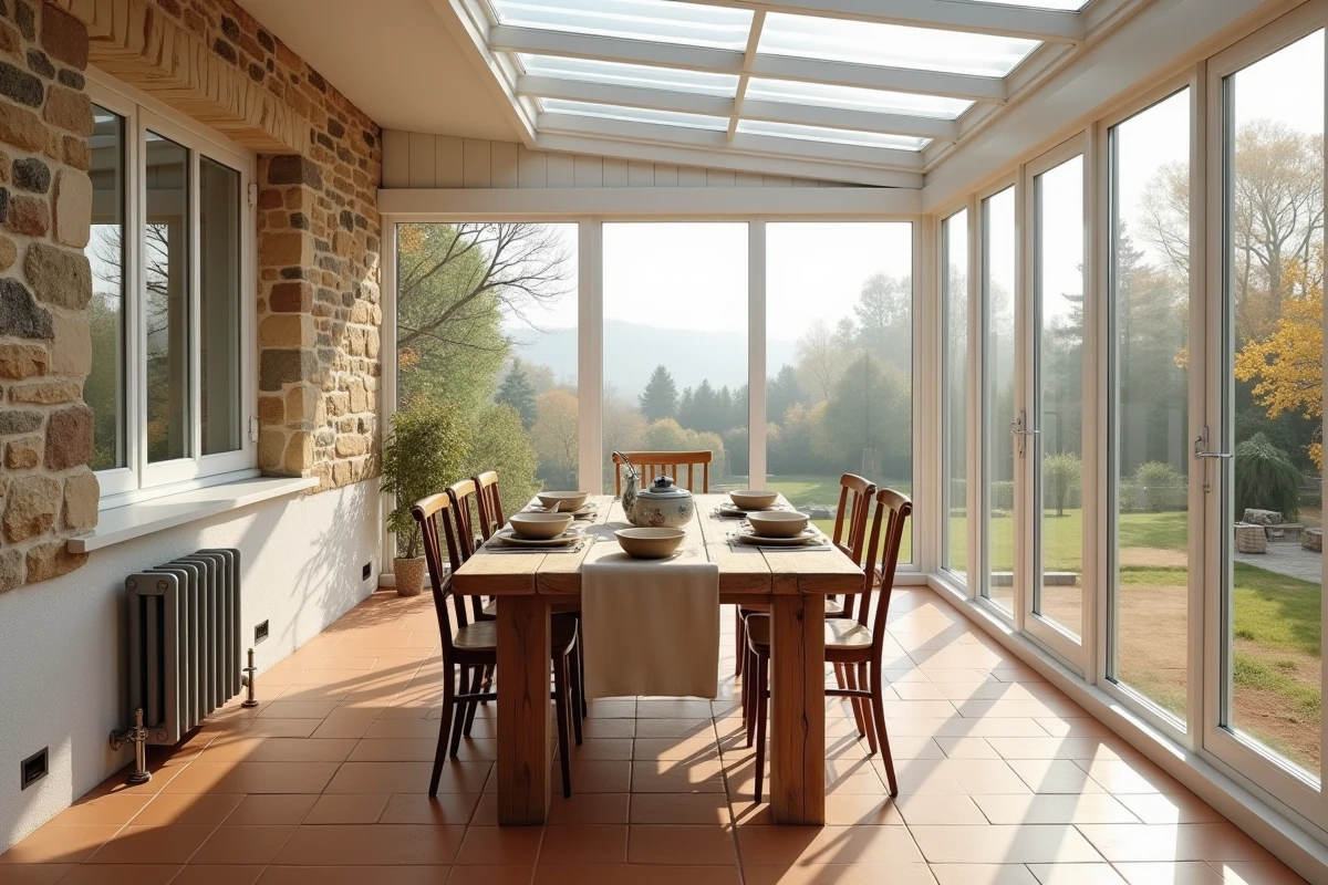 Intérieur lumineux d'une véranda en PVC et verre aménagée avec une table en bois dans une maison de campagne française en automne
