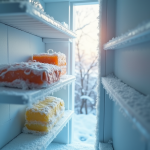Intérieur d'un congélateur avec givre et glace visible