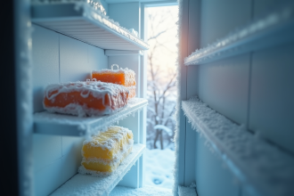 Intérieur d'un congélateur avec givre et glace visible