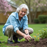 Femme d'âge moyen plantant des perennes dans un jardin printanier