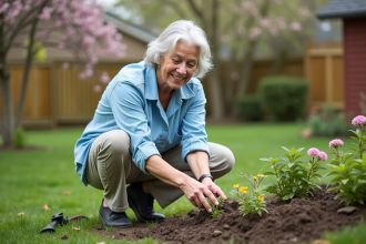 Femme d'âge moyen plantant des perennes dans un jardin printanier