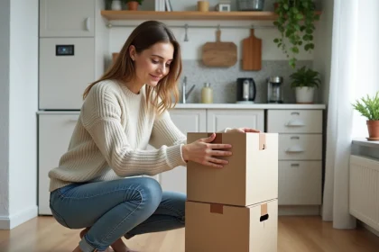 Jeune femme aménageant un espace de rangement dans un appartement moderne