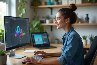 Femme jeune regardant logiciel 3d imprimante à domicile