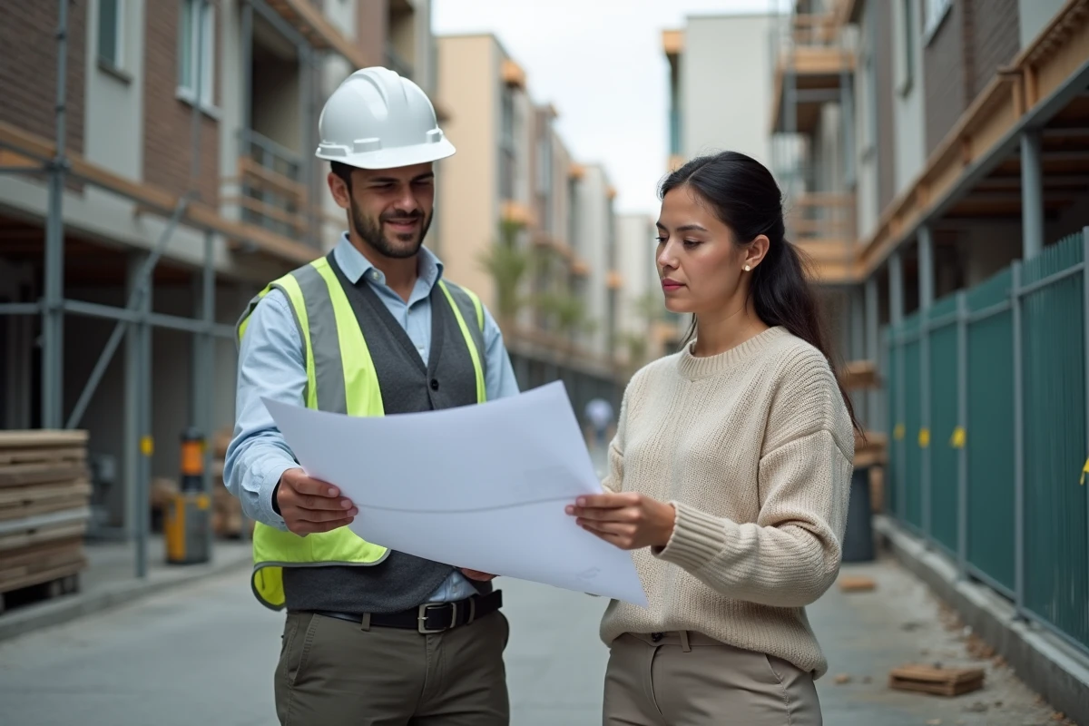 Jeune femme examinant des plans de renovation sur un chantier urbain