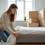 Jeune femme emballant un sommier avec des couvertures de protection