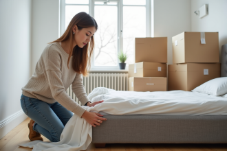 Jeune femme emballant un sommier avec des couvertures de protection