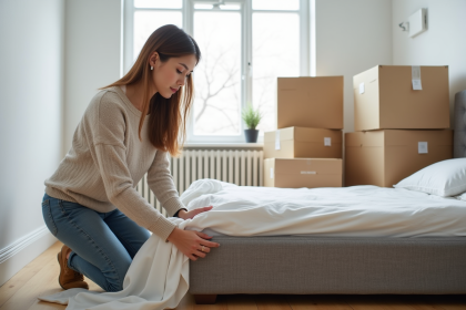 Jeune femme emballant un sommier avec des couvertures de protection