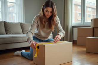 Jeune femme emballant une boxe dans un salon moderne